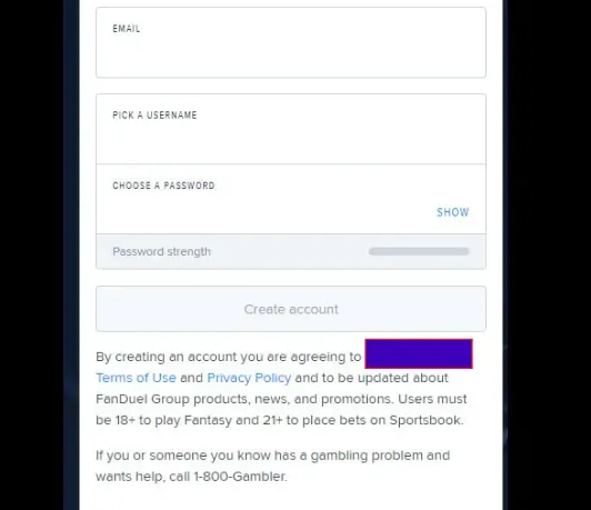 FanDuel - Registration form with account details.