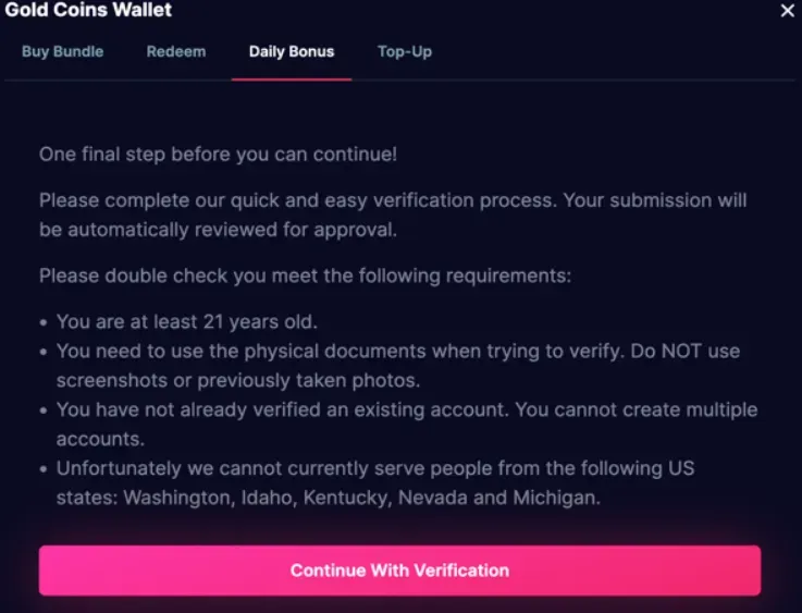 Gold Coins Wallet - Screenshot with verification steps.