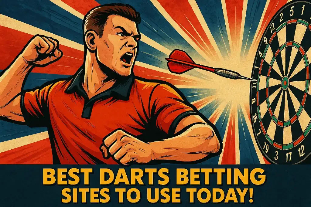 Banner with darts and a player.