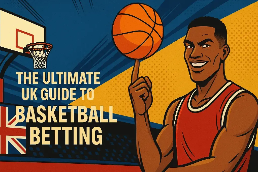 Banner with basketball player spinning ball.