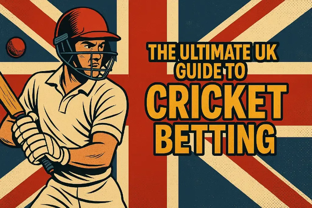 Banner with cricket player and UK flag.