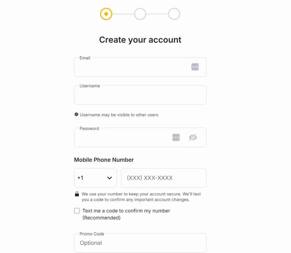 Create Account - Form with user input fields.