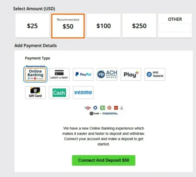 Deposit funds - Banner with payment options.