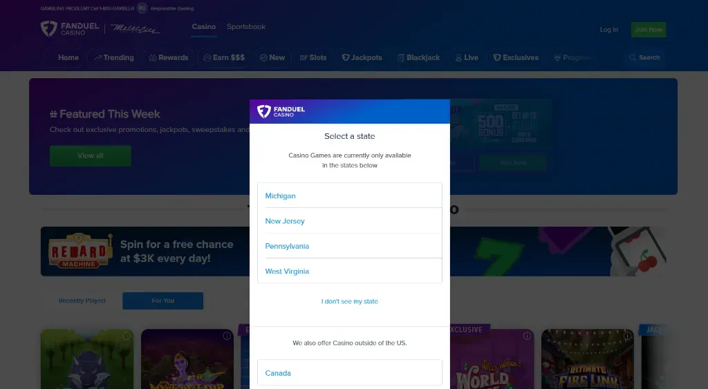 FanDuel Casino - Banner with state selection menu.