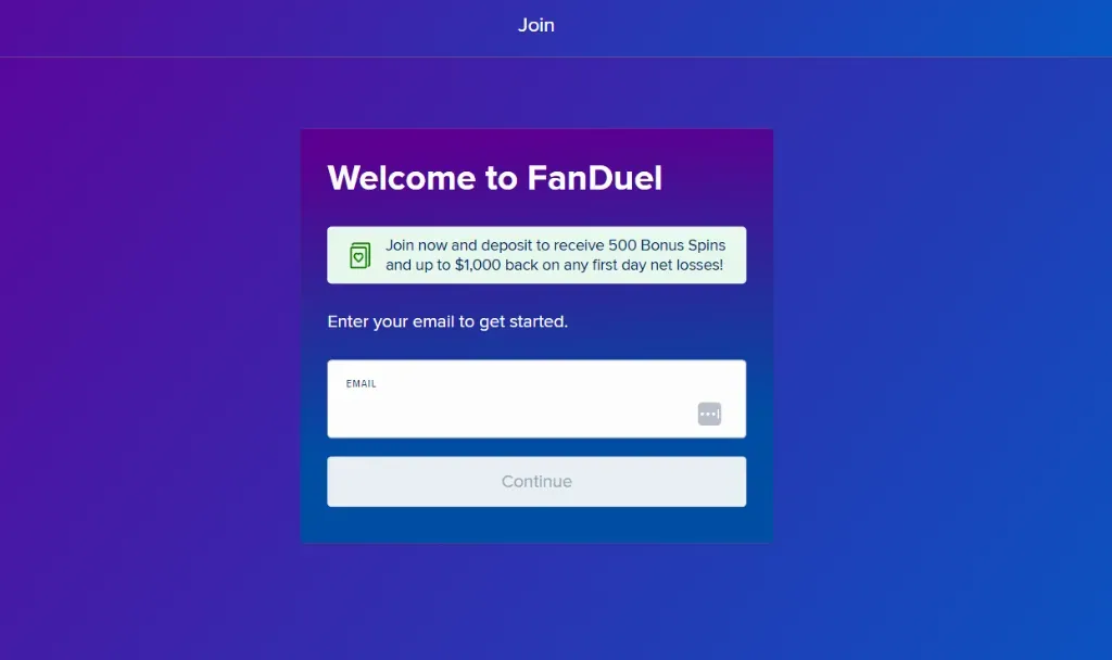 FanDuel - Banner with welcome message and email form.