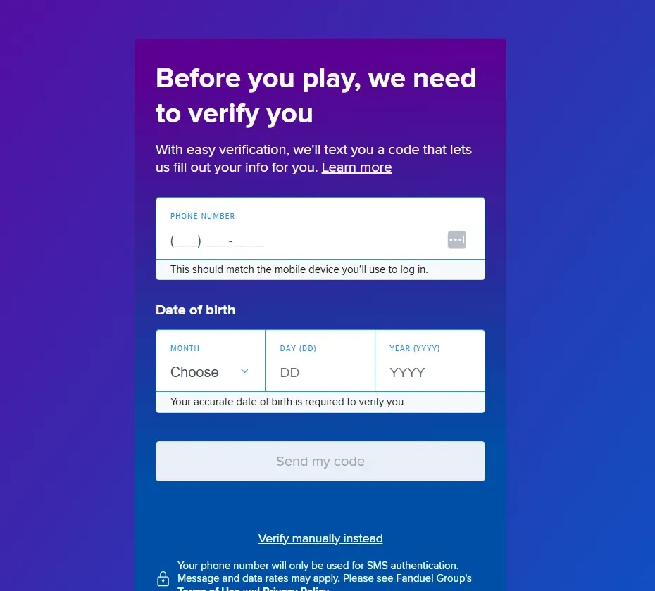 FanDuel Casino - Banner with verification form.