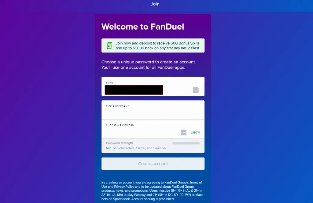 FanDuel - Product Photo with account creation form.