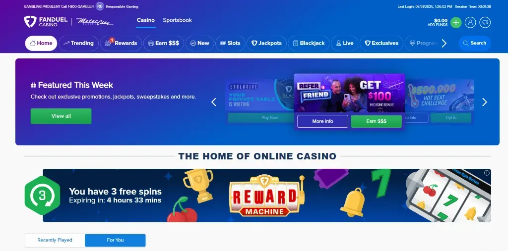 FanDuel - Banner with casino promotions displayed.