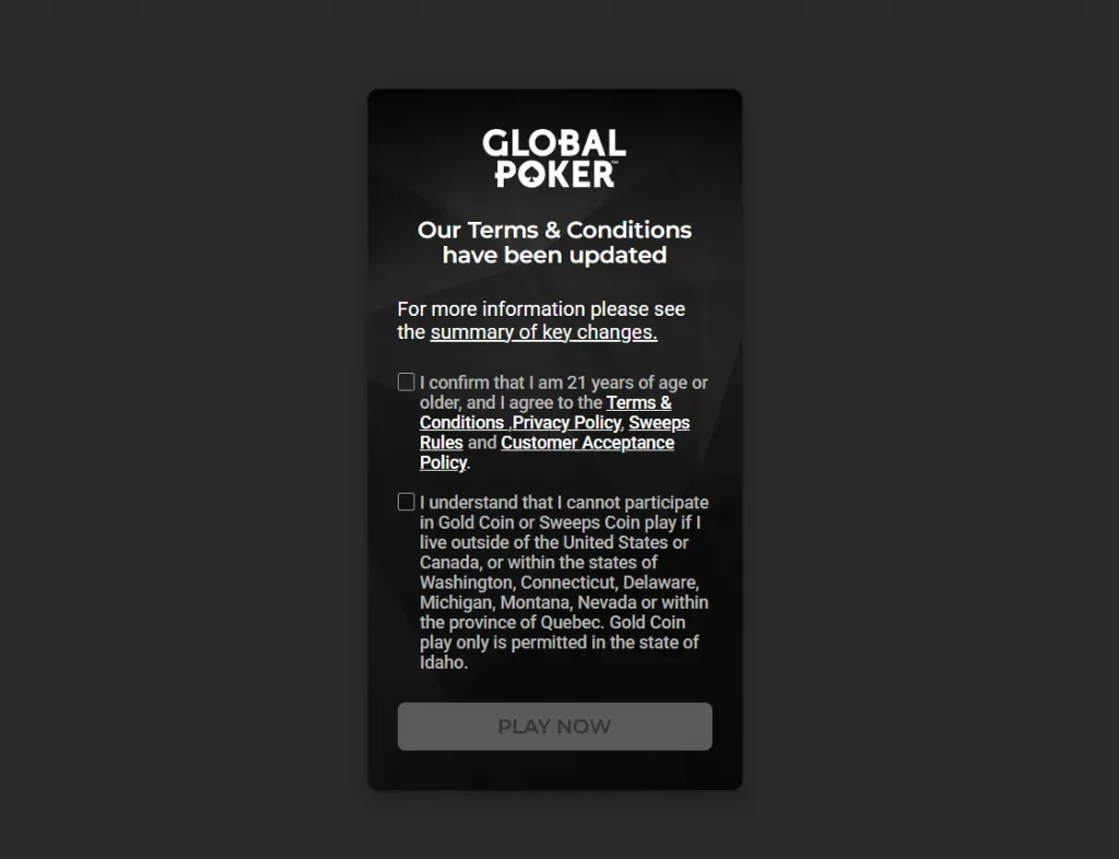 Global Poker - Banner with updated terms and conditions.
