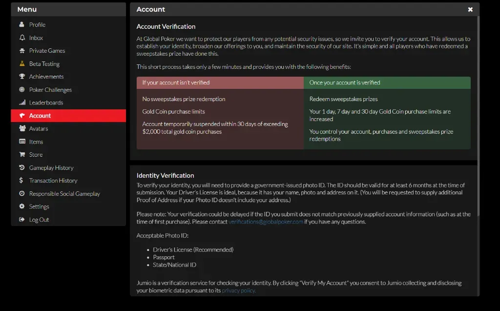 Global Poker - Banner with account verification details.