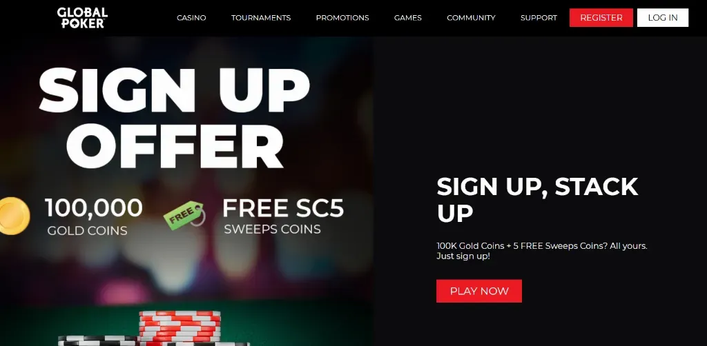GlobalPoker - Banner with sign-up offer details.