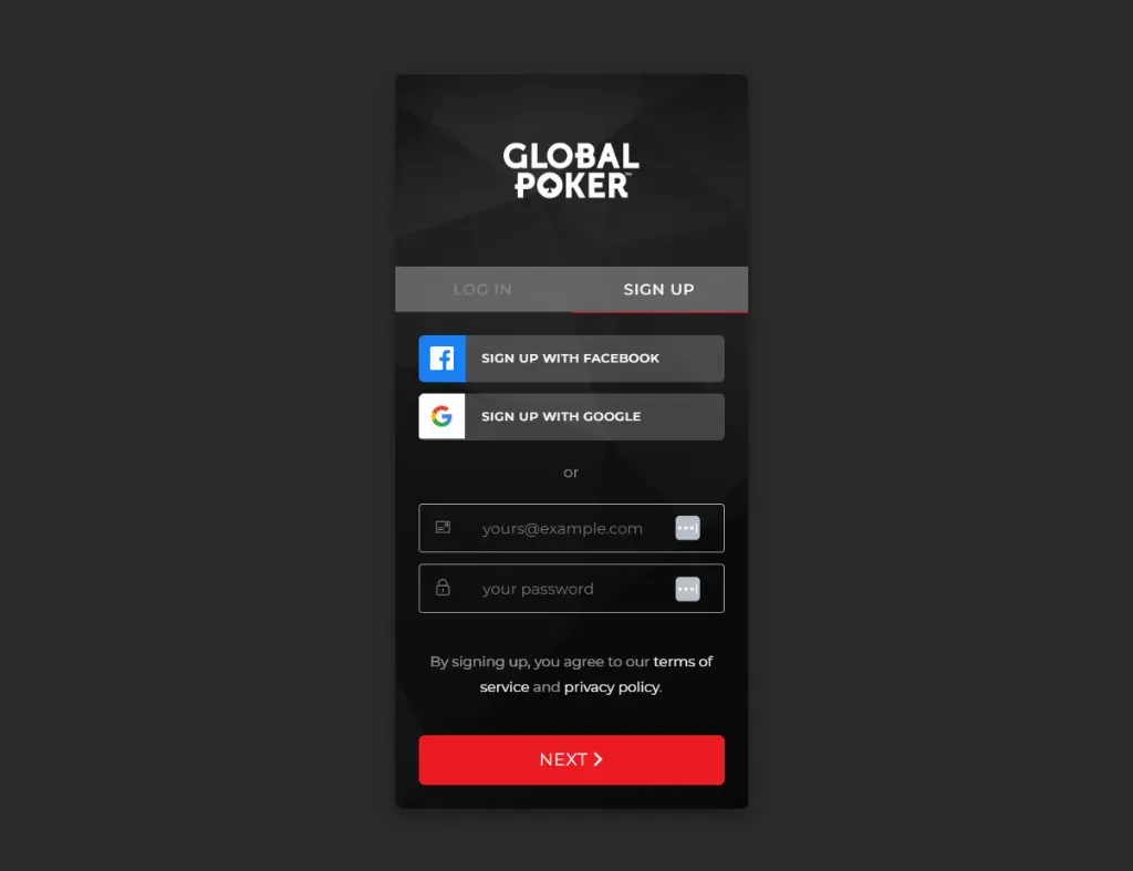 GlobalPoker - Login Screen with sign-up options.