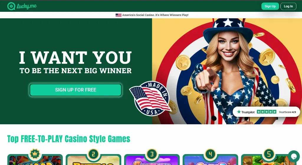 LuckyMe - Banner with a smiling woman in costume.