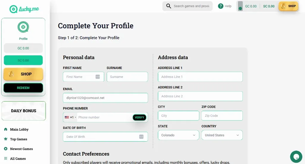 LuckyMe3 - Profile setup interface with form fields.