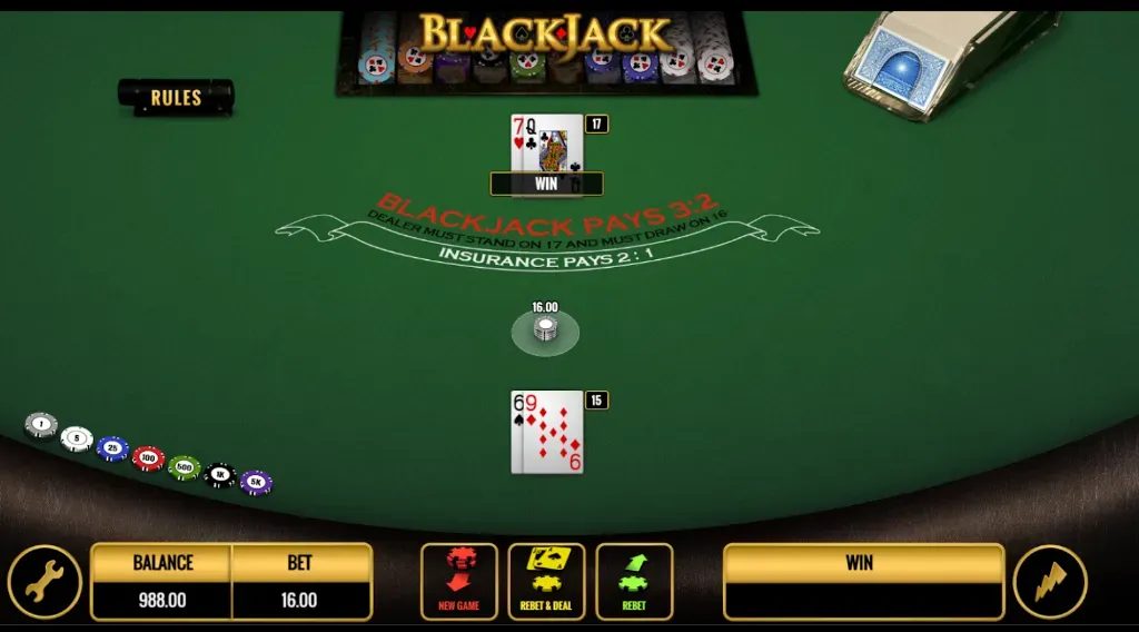 Martingale Blackjack Bet Win - Game Screenshot with Winning Hand