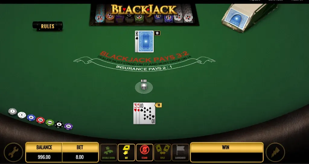 Martingale Blackjack - Game photo with bet loss.