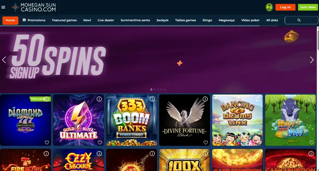 Mohegan Sun - Banner with 50 spins promotion.