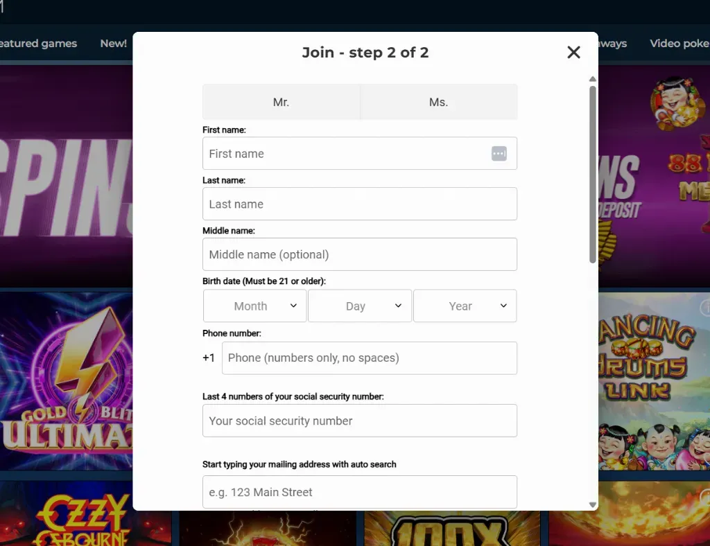 Mohegan Sun - Form screenshot with user details.