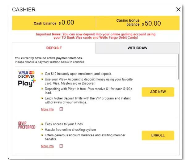 Payment Method - Banner with deposit options.
