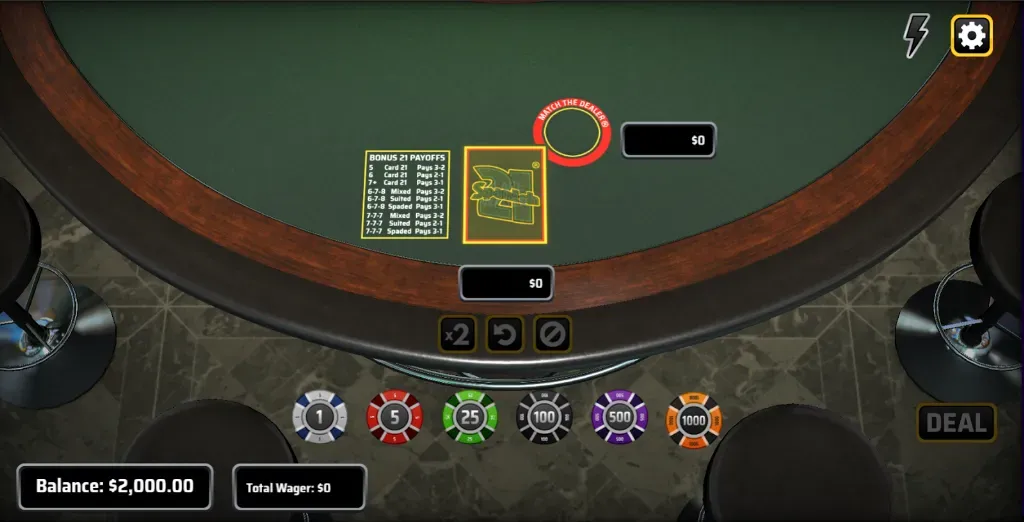 Spanish 21 Blackjack - Game interface with chips and table.