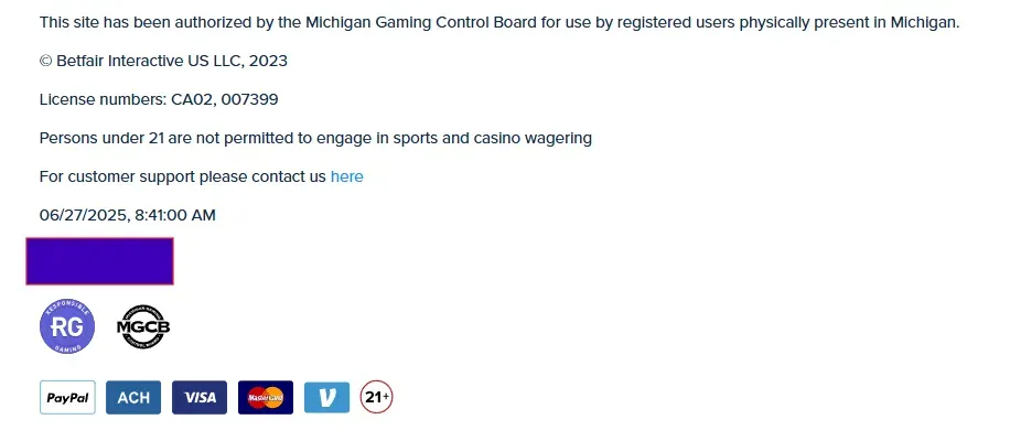 Betfair - Banner with Michigan Gaming Control details.