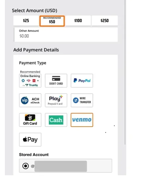 Withdraw winnings - Screenshot with payment options.