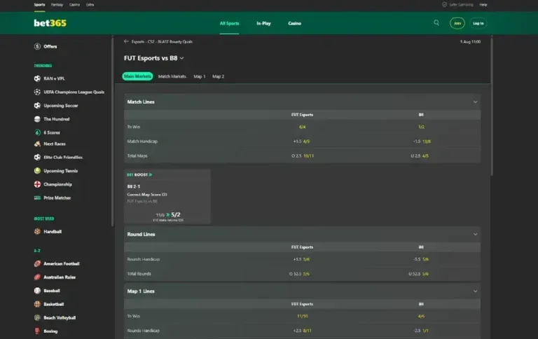 bet365 - Screenshot with FUT Esports match lines.