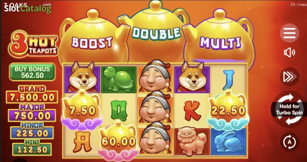 3 Hot Teapots - Game screenshot with colorful reels