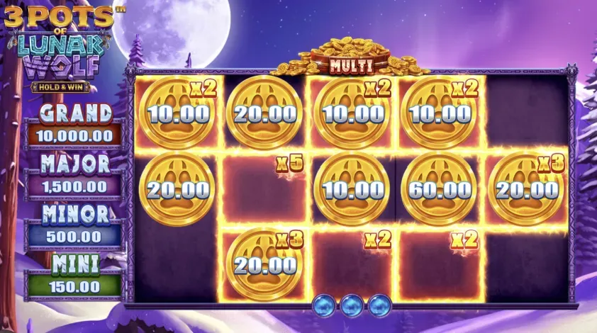 3 Pots of Lunar Wolf - Gameplay screenshot with coin multipliers.