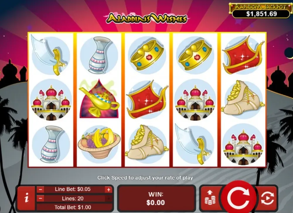 Aladdin's Wishes - Gameplay screenshot with reels and symbols.