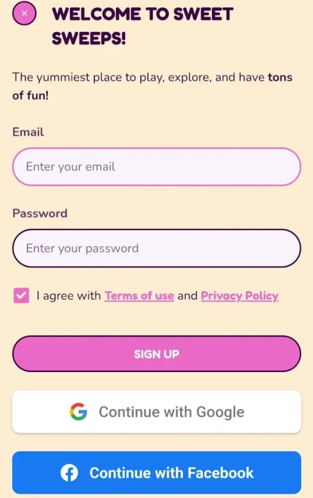 Sweet Sweeps - Banner with sign-up form.