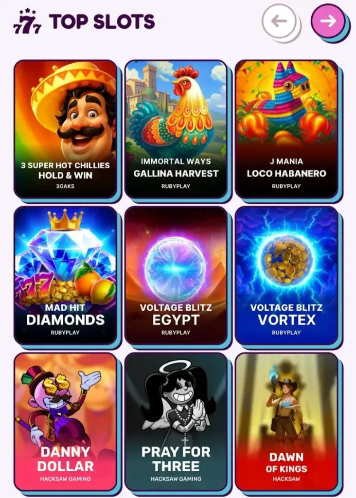 Top Slots - Banner with colorful game thumbnails.