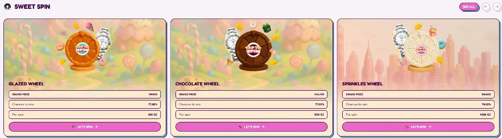 Sweet Spin - Banner with colorful wheels and prizes.