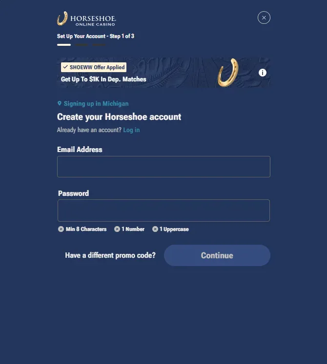 Horseshoe - Account Setup Banner with form fields.