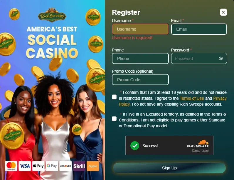 Rich Sweeps - Sign Up Process