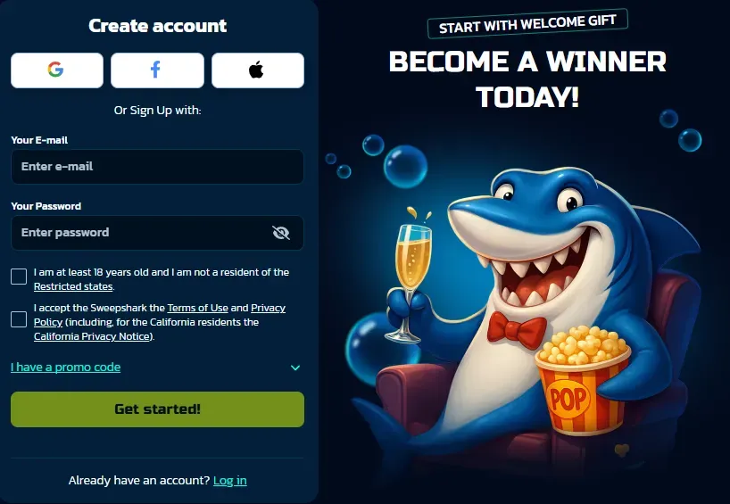 Sweepshark - account creation Banner with cartoon shark character.