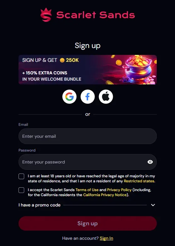 Scarlet Sands - Sign Up Banner with bonus offer.