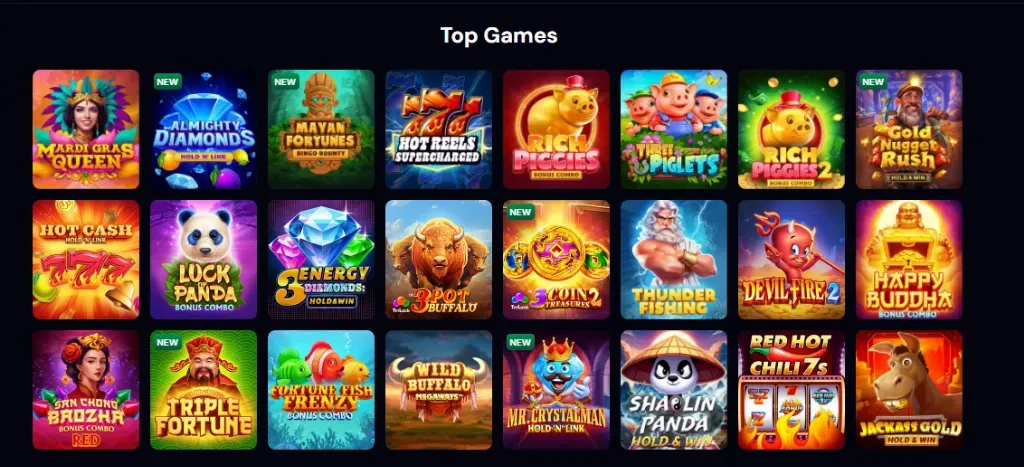 Top Games - Banner with various slot game icons.