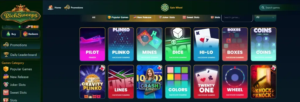 RichSweeps - Banner with game selection display.