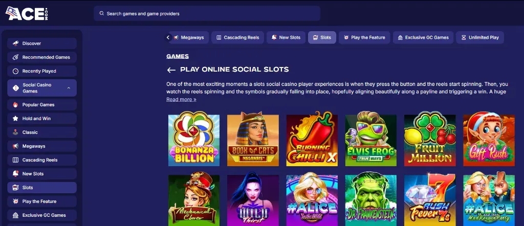 ACE.com casino - Website banner with social slots games.