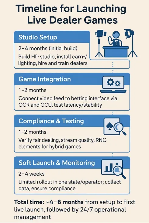Timeline for Launching Live Dealer Games - Infographic with project phases and durations.