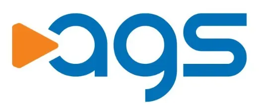 AGS - Logo with blue text and orange play icon.