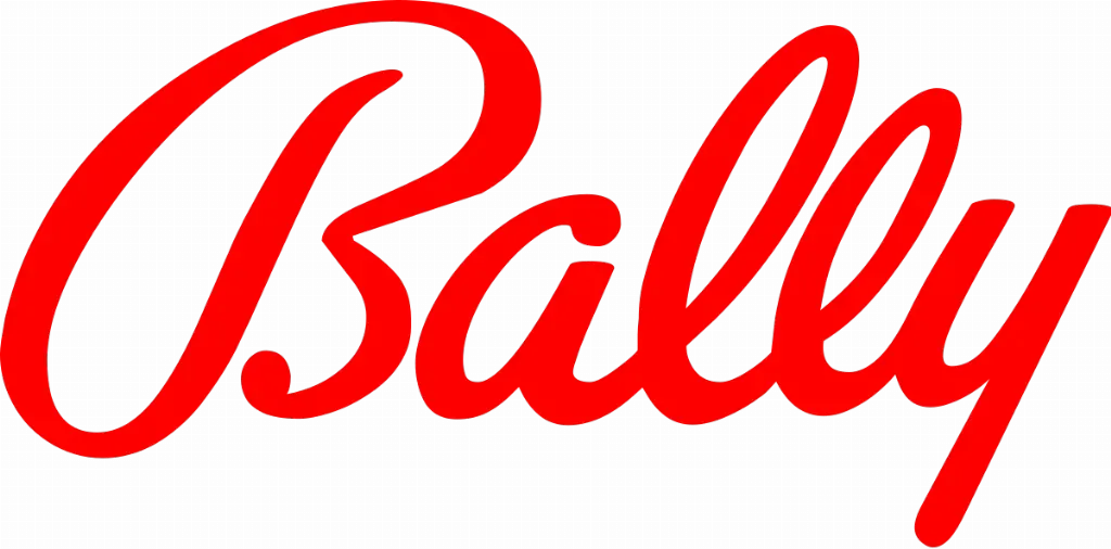 Bally - Logo with bold red lettering.