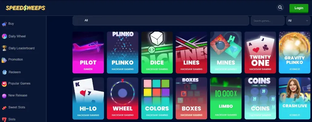 SpeedSweeps - Banner with casino game selection grid.
