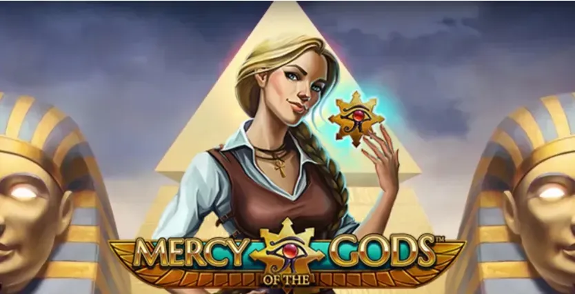 Mercy of the Gods - Banner with a woman and pyramids.