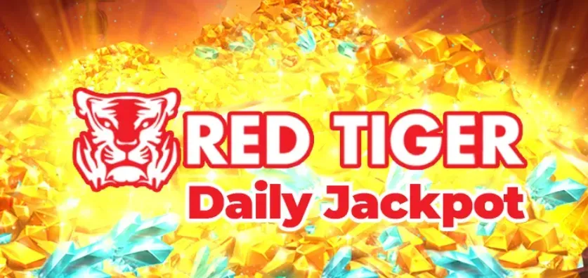 RED TIGER - Banner with Daily Jackpot and gems.