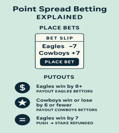 Point Spread Betting - Infographic with betting details.