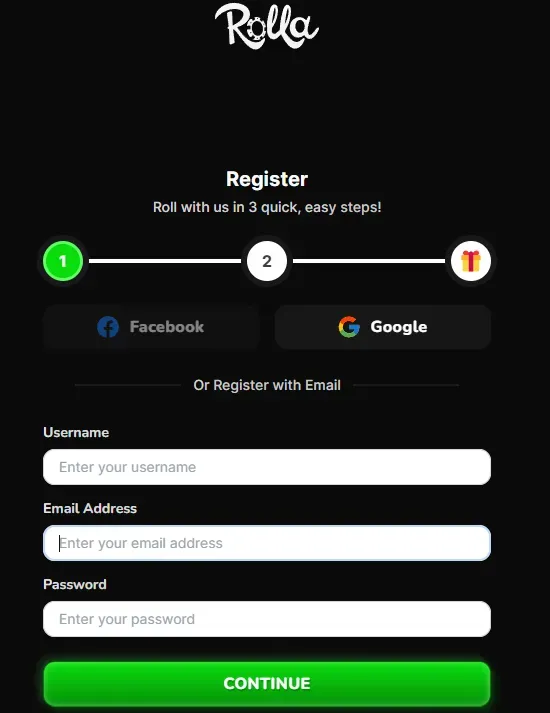 Rolla - Registration Banner with user input fields.