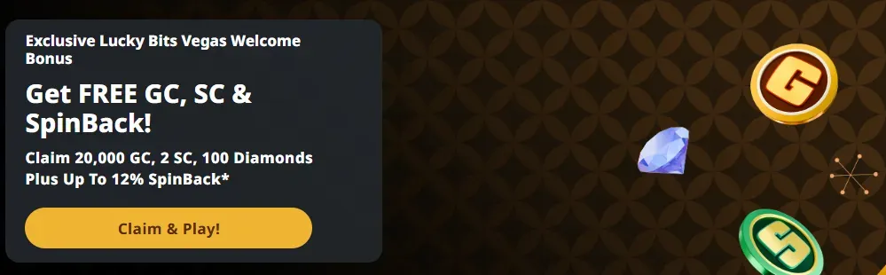 Lucky Bits Vegas - Banner with welcome bonus details.
