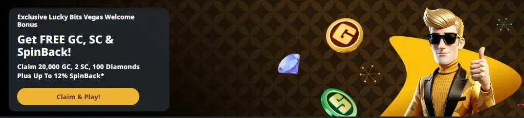 Lucky Bits Vegas - Banner with character and bonuses.